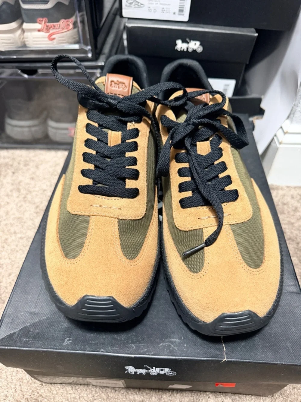 Coach Brown Suede and Black Leather Sneakers with Red Logo Accent - Picture 3 of 6